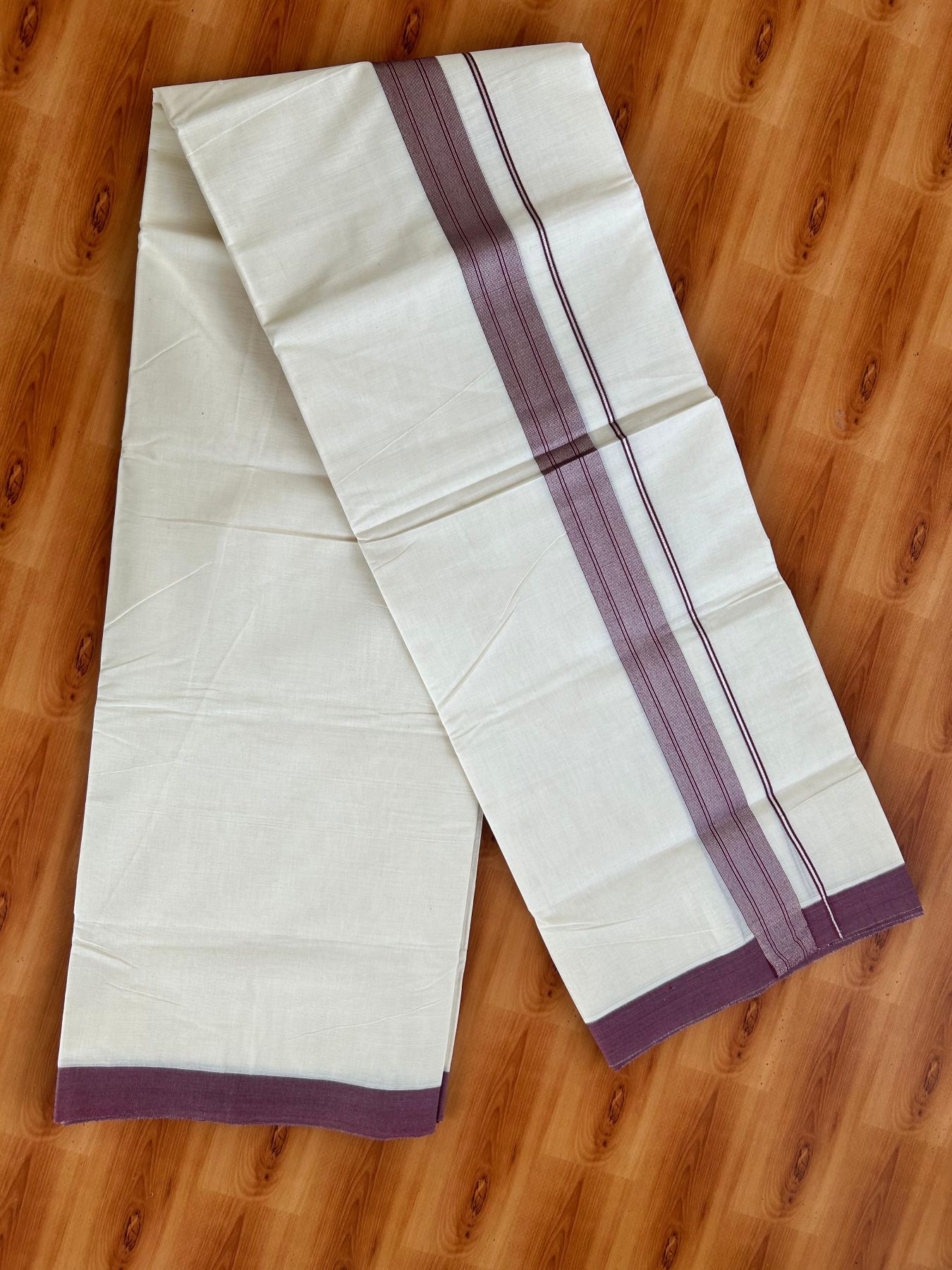 Double Off White (Unbleached) Mundu/Dhoti - 20% Discount! Kaitharikada Pure Cotton - 80x80 - 1.5 Inch Silver Kasav Maroon purple Striped Kara 4 mtr (8.5 muzham) - 8 KK5489 MRH