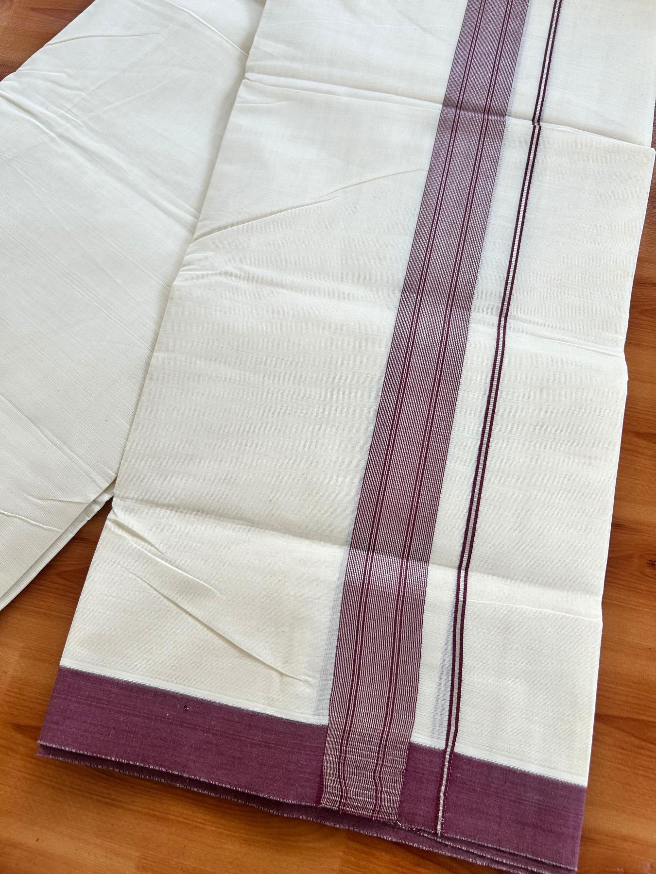 Double Off White (Unbleached) Mundu/Dhoti - 20% Discount! Kaitharikada Pure Cotton - 80x80 - 1.5 Inch Silver Kasav Maroon purple Striped Kara 4 mtr (8.5 muzham) - 8 KK5489 MRH