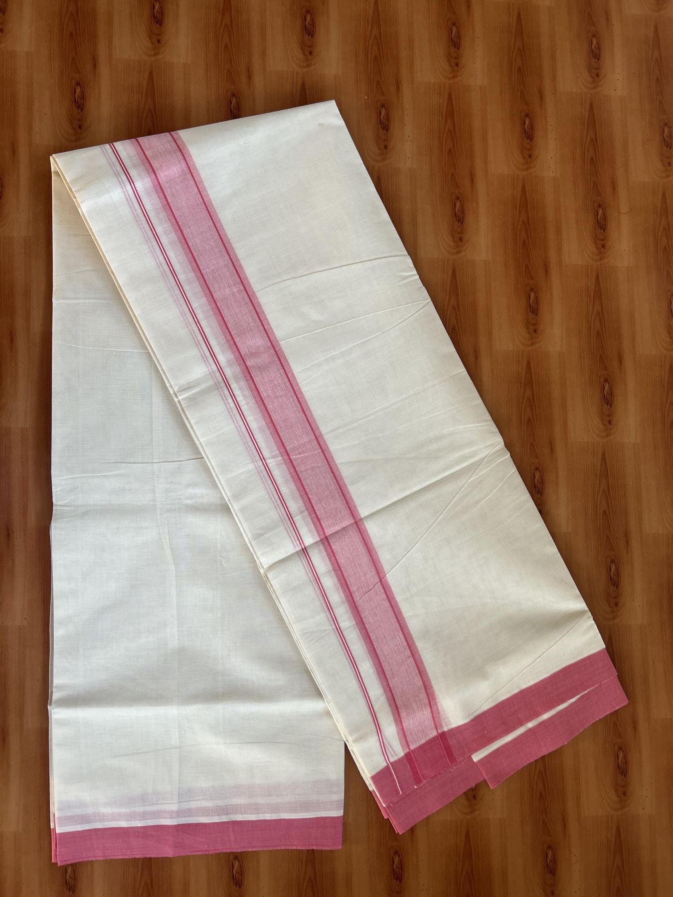 Double Off White Mundu/Dhoti- 20% Discount! KaithariKada Balaramapuram 100% Cotton - 60s - 1.25 inch Pink Shaded Kara 4 mtr (8.5 muzham) - 17 KK5398 PMC