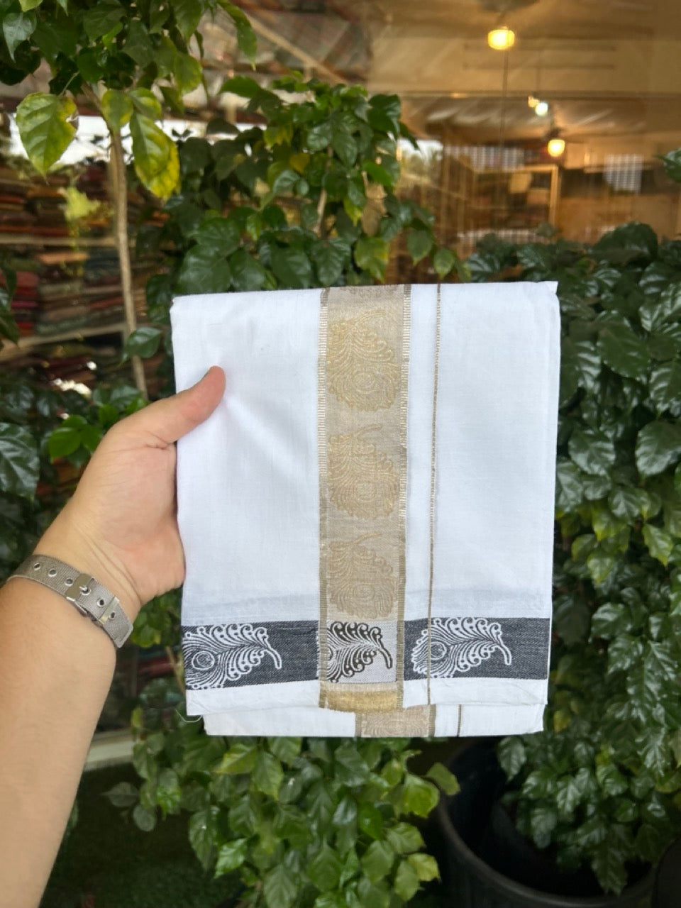 20% Discount ! Kaitharikada Balaramapuram 100% Pure Cotton Double Pure White Mundu/Dothi - 100x100 - 1.75 inch Silver Gold Kasav Black Feather Design jacquard Kara 3.80 mtr (8 muzham) - 62 KK5299 THI