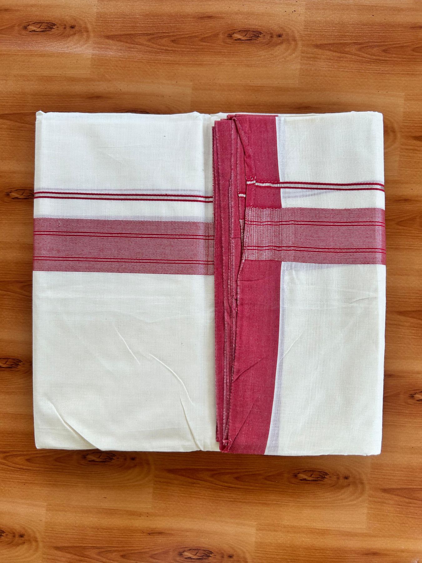 Double Off White (Unbleached) Mundu/Dhoti - 20% Discount! Kaitharikada Pure Cotton - 80x80 - 1.5 Inch Silver Kasav Red Striped Kara 4 mtr (8.5 muzham) - 9 KK5489 MRH