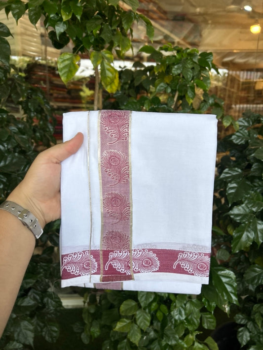 20% Discount ! Kaitharikada Balaramapuram 100% Pure Cotton Double Pure White Mundu/Dothi - 100x100 - 1.75 inch Silver Kasav Maroon Feather Design jacquard Kara 3.80 mtr (8 muzham) - 63 KK5299 THI
