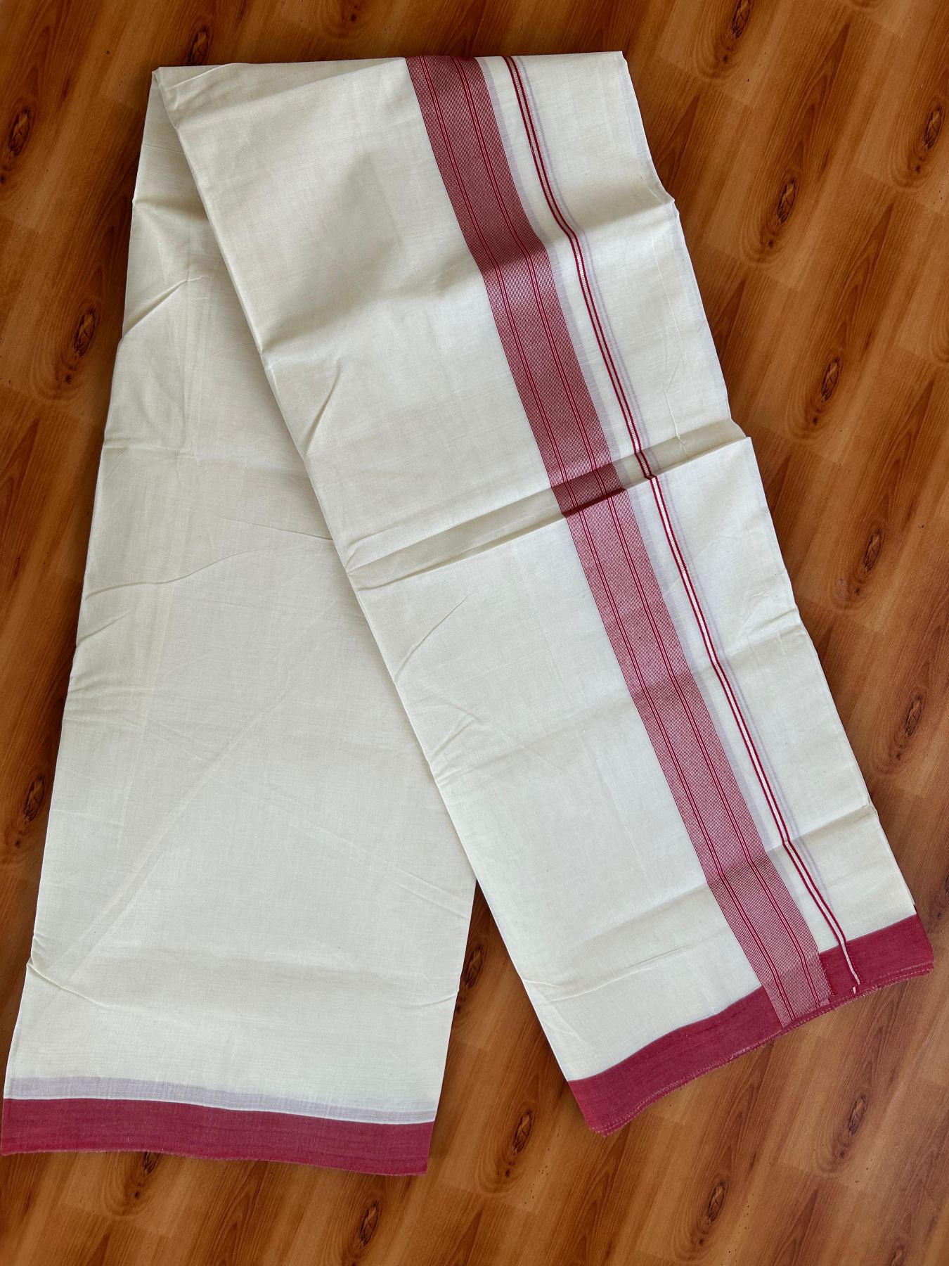 Double Off White (Unbleached) Mundu/Dhoti - 20% Discount! Kaitharikada Pure Cotton - 80x80 - 1.5 Inch Silver Kasav Red Striped Kara 4 mtr (8.5 muzham) - 9 KK5489 MRH