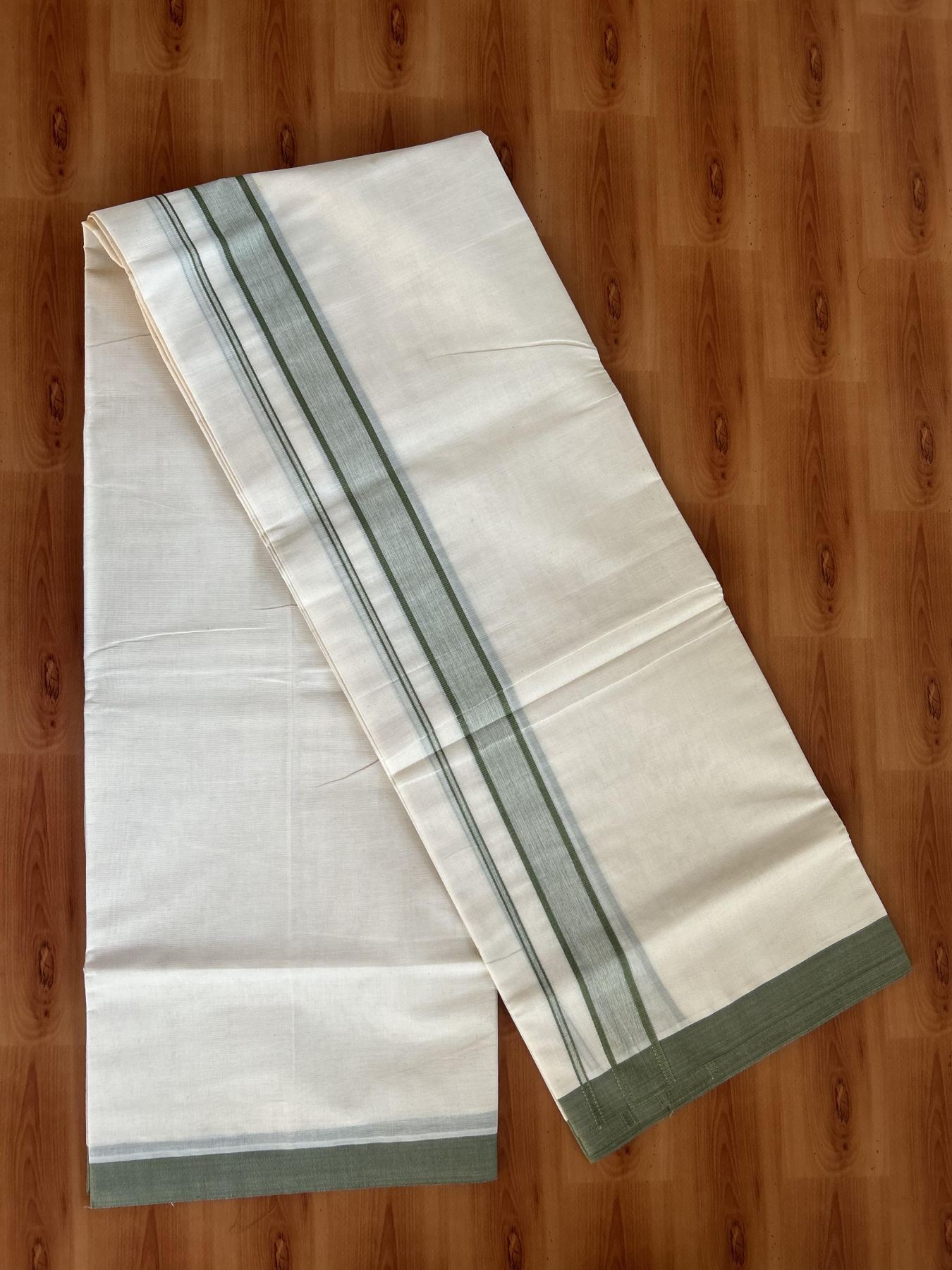 Double Off White Mundu/Dhoti- 20% Discount! KaithariKada Balaramapuram 100% Cotton - 60s - 1.25 inch Sage Green Shaded Kara 4 mtr (8.5 muzham) - 15 KK5398 PMC