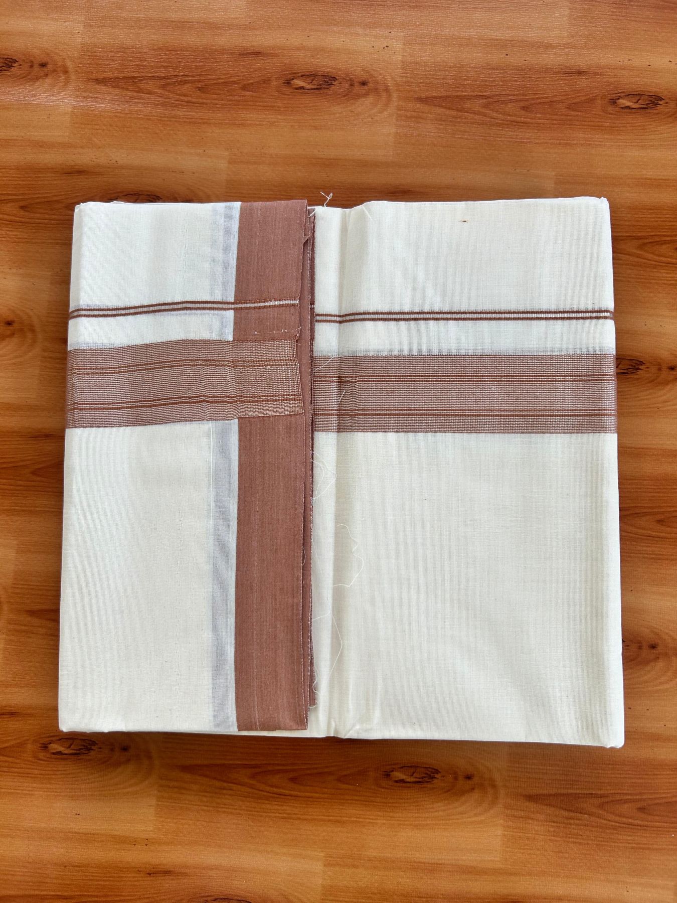 Double Off White (Unbleached) Mundu/Dhoti - 20% Discount! Kaitharikada Pure Cotton - 80x80 - 1.5 Inch Silver Kasav Brown Striped Kara 4 mtr (8.5 muzham) - 10 KK5489 MRH