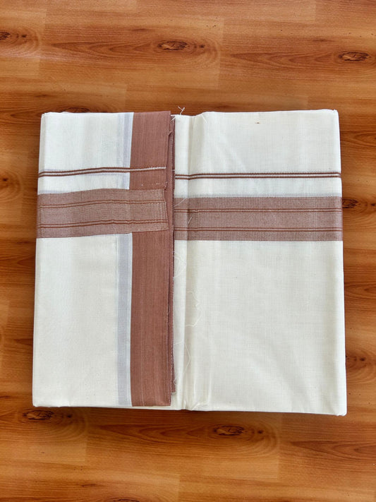 Double Off White (Unbleached) Mundu/Dhoti - 20% Discount! Kaitharikada Pure Cotton - 80x80 - 1.5 Inch Silver Kasav Light Brown Striped Kara 4 mtr (8.5 muzham) - 10 KK5489 MRH