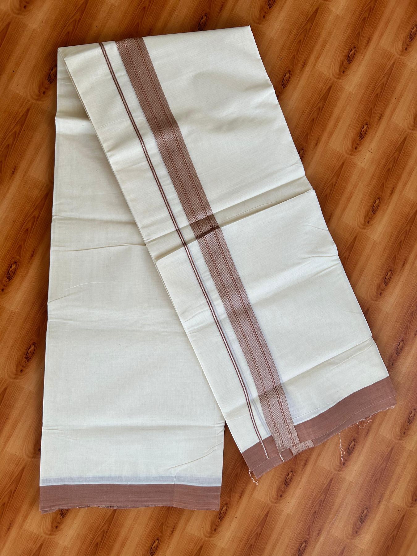 Double Off White (Unbleached) Mundu/Dhoti - 20% Discount! Kaitharikada Pure Cotton - 80x80 - 1.5 Inch Silver Kasav Brown Striped Kara 4 mtr (8.5 muzham) - 10 KK5489 MRH
