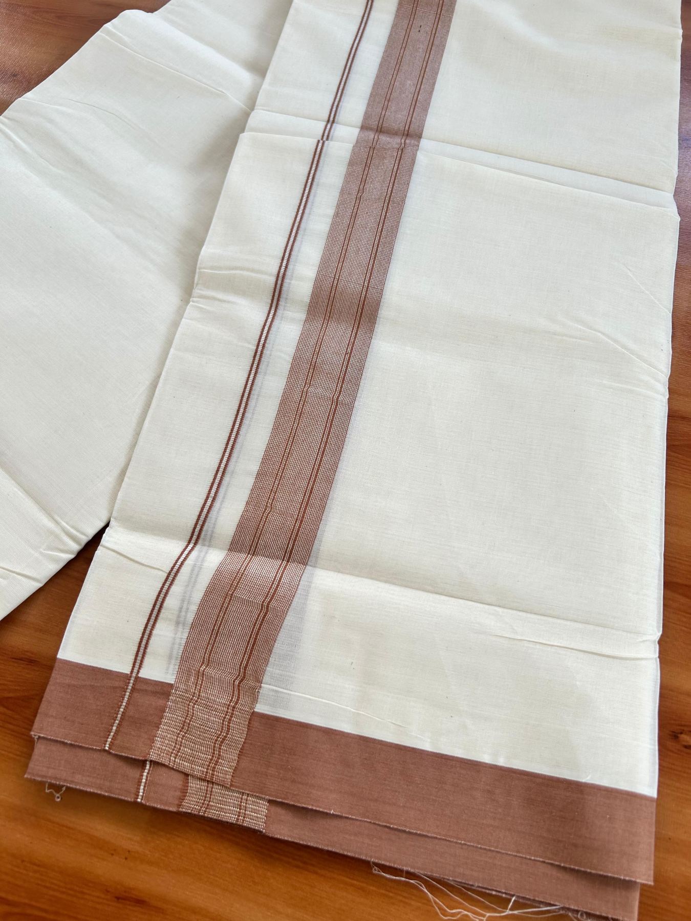 Double Off White (Unbleached) Mundu/Dhoti - 20% Discount! Kaitharikada Pure Cotton - 80x80 - 1.5 Inch Silver Kasav Brown Striped Kara 4 mtr (8.5 muzham) - 10 KK5489 MRH