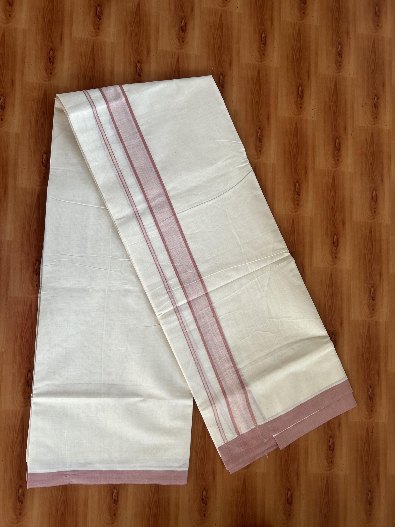 Double Off White Mundu/Dhoti- 20% Discount! KaithariKada Balaramapuram 100% Cotton - 60s - 1.25 inch Dusty Pink shaded Kara 4 mtr (8.5 muzham) - 13 KK5398 PMC