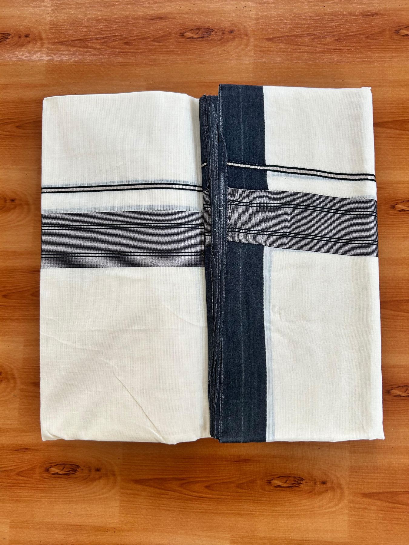 Double Off White (Unbleached) Mundu/Dhoti - 20% Discount! Kaitharikada Pure Cotton - 80x80 - 1.5 Inch Silver Kasav Black Striped Kara 4 mtr (8.5 muzham) - 11 KK5489 MRH