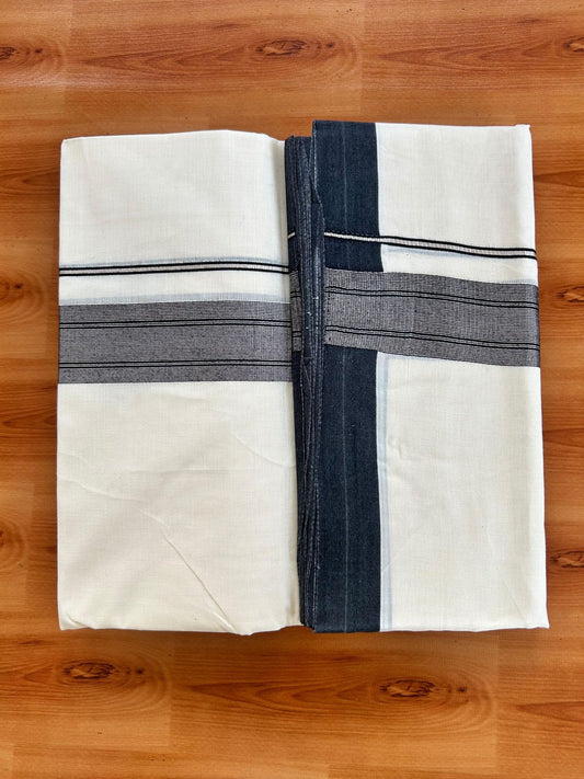 Double Off White (Unbleached) Mundu/Dhoti - 20% Discount! Kaitharikada Pure Cotton - 80x80 - 1.5 Inch Silver Kasav Black Striped Kara 4 mtr (8.5 muzham) - 11 KK5489 MRH