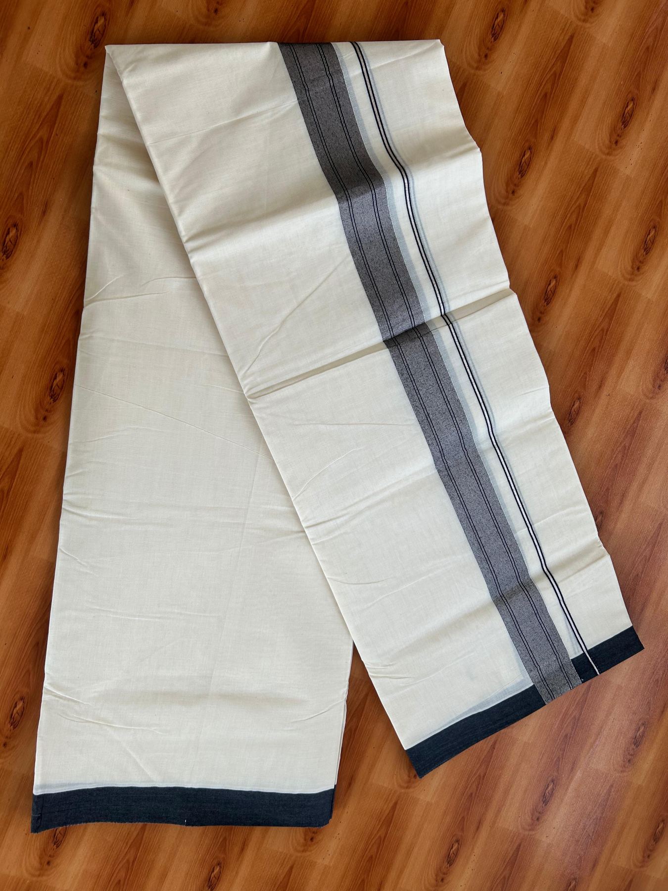 Double Off White (Unbleached) Mundu/Dhoti - 20% Discount! Kaitharikada Pure Cotton - 80x80 - 1.5 Inch Silver Kasav Black Striped Kara 4 mtr (8.5 muzham) - 11 KK5489 MRH