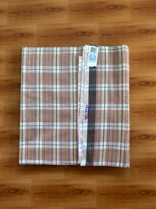 Kerala Handloom - Signature Kaitharikada - 100% Pure Cotton - 2/60sX40s Twisted Thread - Handloom Single Mundu/Dhoti -  Brown & Multi Colour Check Body  - 2.35 mtr - 52 KK8080 KAL