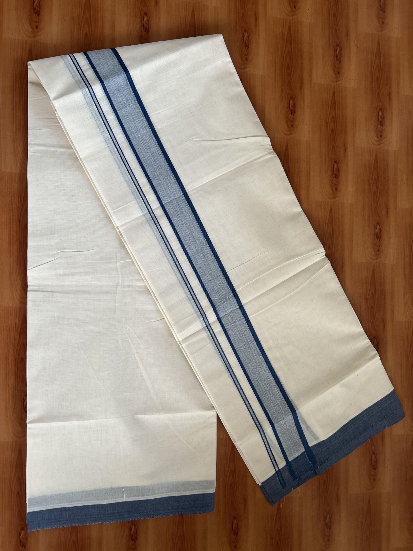 Double Off White Mundu/Dhoti- 20% Discount! KaithariKada Balaramapuram 100% Cotton - 60s - 1.25 inch Blue Shaded Kara 4 mtr (8.5 muzham) - 14 KK5398 PMC
