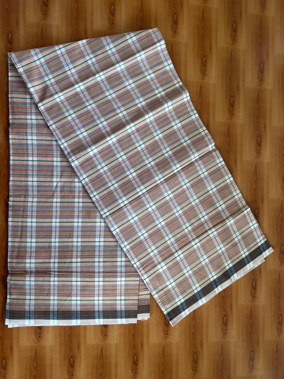 Kerala Handloom - Signature Kaitharikada - 100% Pure Cotton - 2/60sX40s Twisted Thread - Handloom Single Mundu/Dhoti -  Brown & Multi Colour Check Body  - 2.35 mtr - 52 KK8080 KAL