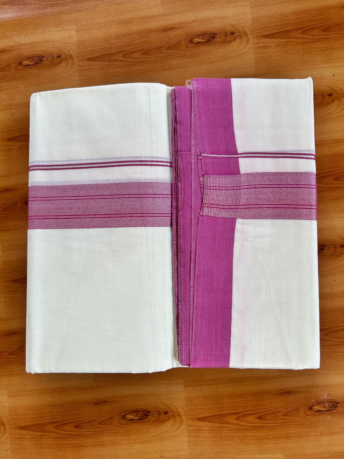 Double Off White (Unbleached) Mundu/Dhoti - 20% Discount! Kaitharikada Pure Cotton - 80x80 - 1.5 Inch Silver Kasav Magenta Striped Kara 4 mtr (8.5 muzham) - 12 KK5489 MRH