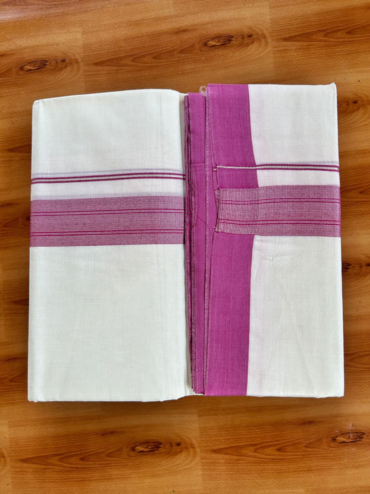 Double Off White (Unbleached) Mundu/Dhoti - 20% Discount! Kaitharikada Pure Cotton - 80x80 - 1.5 Inch Silver Kasav Magenta Striped Kara 4 mtr (8.5 muzham) - 12 KK5489 MRH