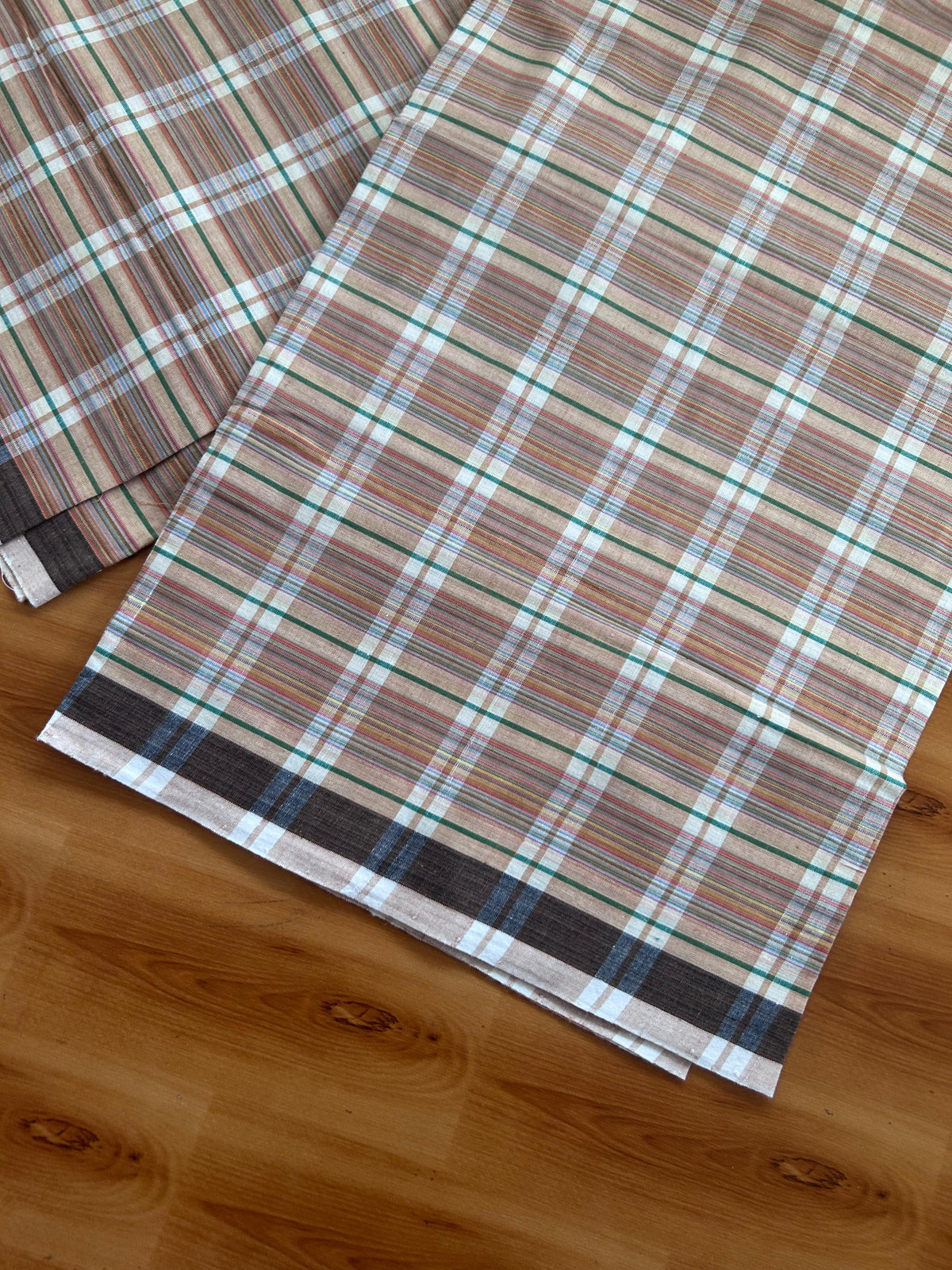 Kerala Handloom - Signature Kaitharikada - 100% Pure Cotton - 2/60sX40s Twisted Thread - Handloom Single Mundu/Dhoti -  Brown & Multi Colour Check Body  - 2.35 mtr - 52 KK8080 KAL