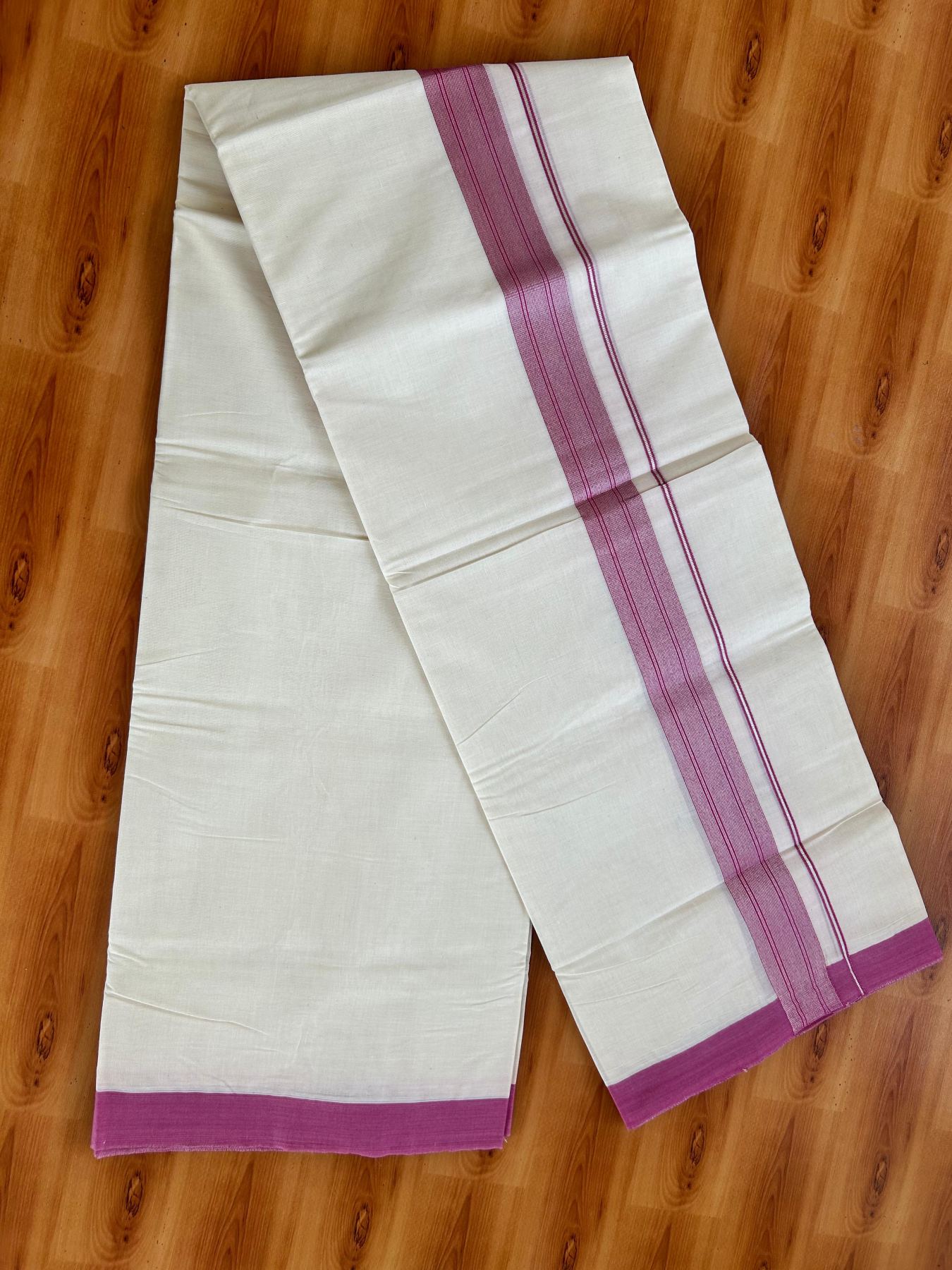 Double Off White (Unbleached) Mundu/Dhoti - 20% Discount! Kaitharikada Pure Cotton - 80x80 - 1.5 Inch Silver Kasav Magenta Striped Kara 4 mtr (8.5 muzham) - 12 KK5489 MRH