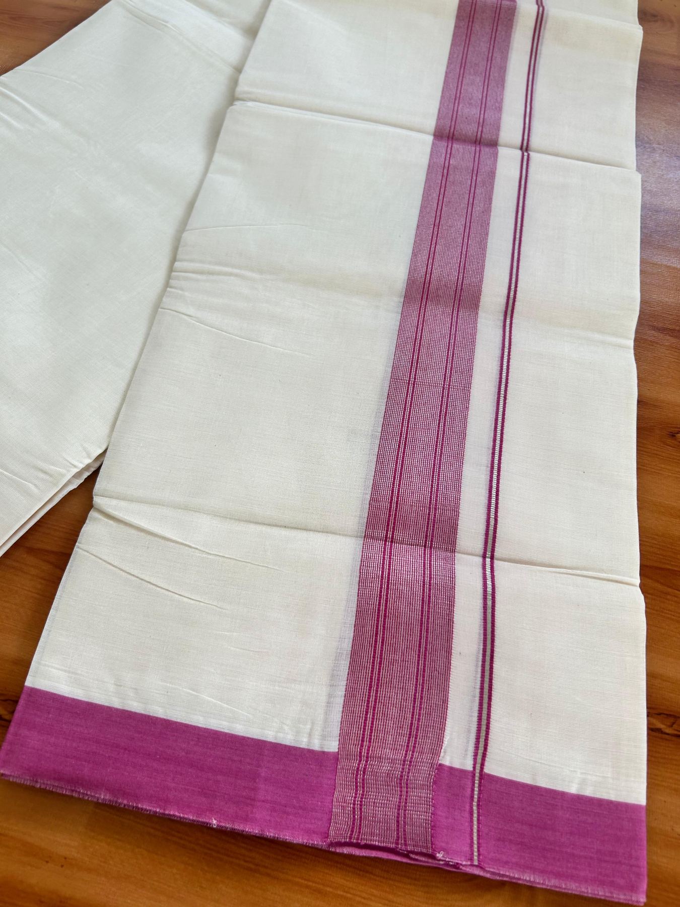 Double Off White (Unbleached) Mundu/Dhoti - 20% Discount! Kaitharikada Pure Cotton - 80x80 - 1.5 Inch Silver Kasav Magenta Striped Kara 4 mtr (8.5 muzham) - 12 KK5489 MRH