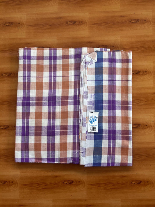 Kerala Handloom - Signature Kaitharikada - 100% Pure Cotton - 2/60sX40s Twisted Thread - Handloom Single Mundu/Dhoti -  Brown Violet & White Check Body  - 2.10 mtr - 53 KK8080 KAL