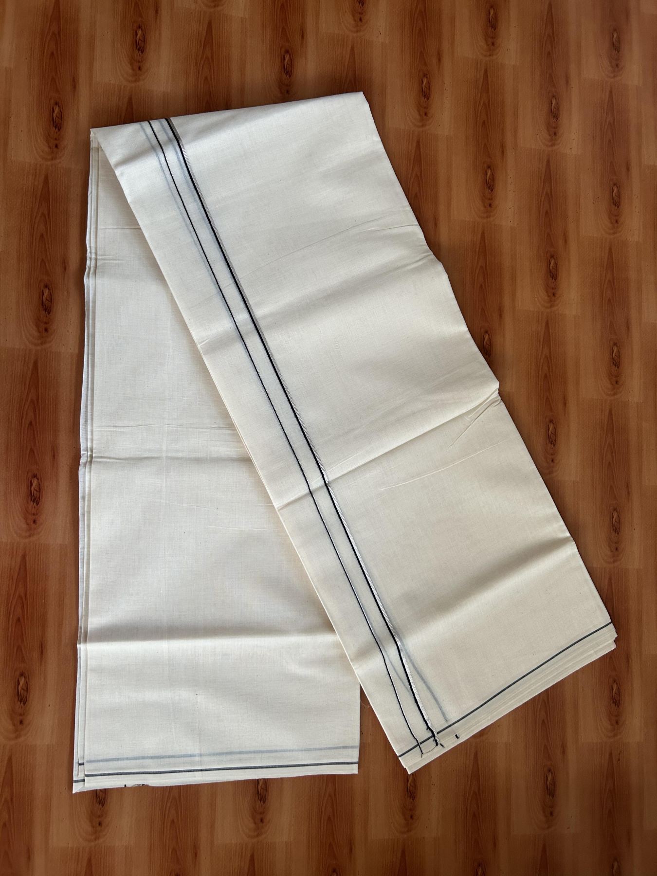 Double Off White (unbleached) Mundu/Dhoti - 20% Discount ! KaithariKada Balaramapuram - 100% Cotton - 60s- 1.5 inch Silver Kasav & Black Thin Kara 4 mtr (8.5 muzham) - 8 KK5398 PMC