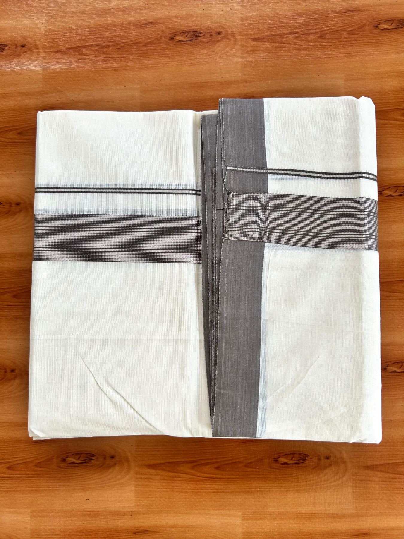 Double Off White (Unbleached) Mundu/Dhoti - 20% Discount! Kaitharikada Pure Cotton - 80x80 - 1.5 Inch Silver Kasav Olive Brown Striped Kara 4 mtr (8.5 muzham) - 13 KK5489 MRH