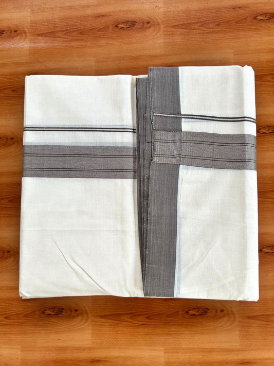 Double Off White (Unbleached) Mundu/Dhoti - 20% Discount! Kaitharikada Pure Cotton - 80x80 - 1.5 Inch Silver Kasav Olive Brown Striped Kara 4 mtr (8.5 muzham) - 13 KK5489 MRH