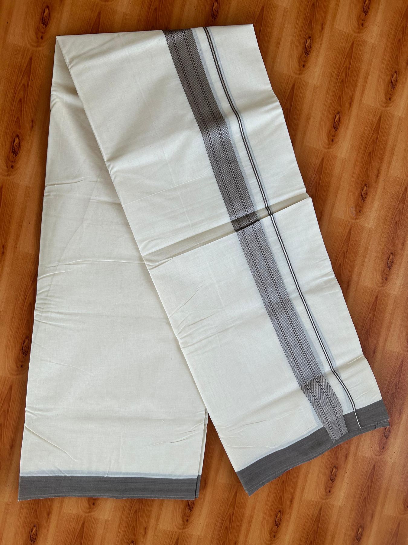 Double Off White (Unbleached) Mundu/Dhoti - 20% Discount! Kaitharikada Pure Cotton - 80x80 - 1.5 Inch Silver Kasav Olive Brown Striped Kara 4 mtr (8.5 muzham) - 13 KK5489 MRH