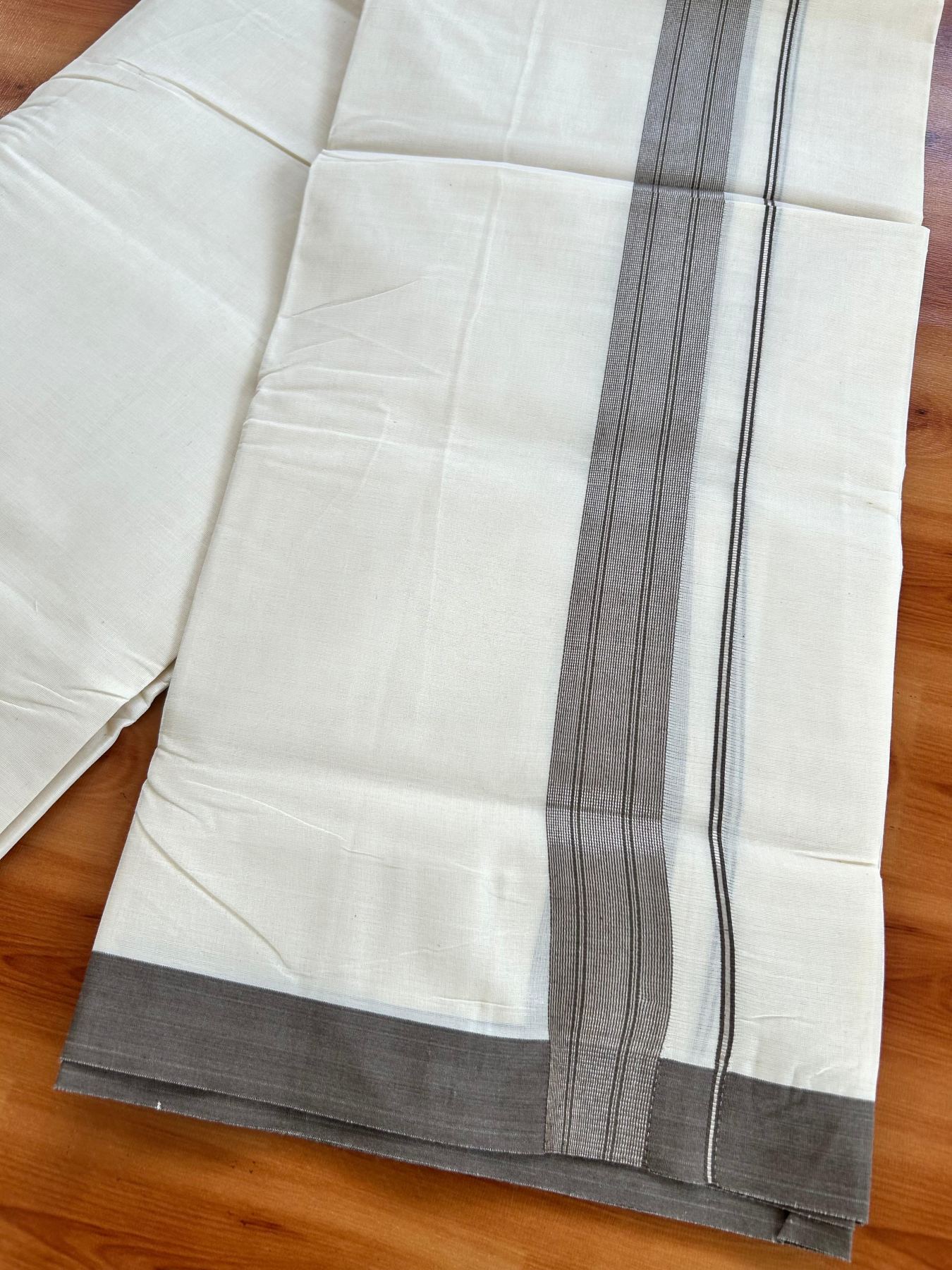 Double Off White (Unbleached) Mundu/Dhoti - 20% Discount! Kaitharikada Pure Cotton - 80x80 - 1.5 Inch Silver Kasav Olive Brown Striped Kara 4 mtr (8.5 muzham) - 13 KK5489 MRH