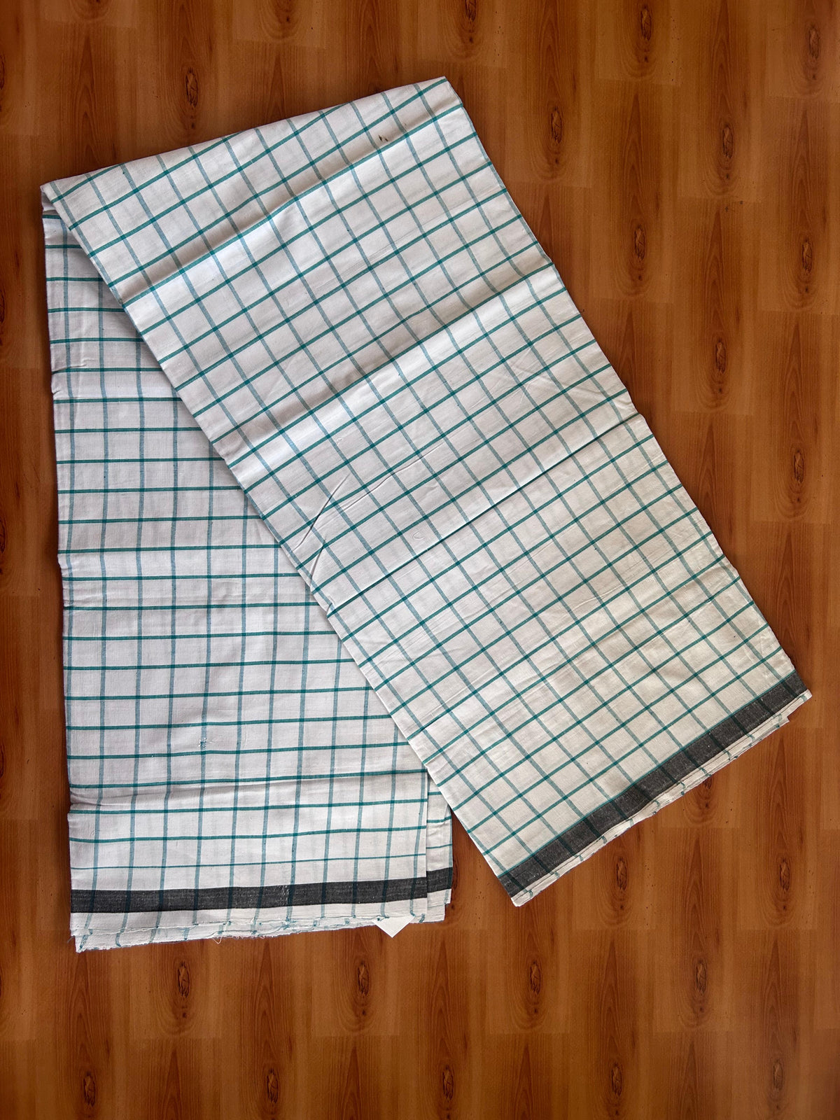 Kerala Handloom - Signature Kaitharikada - 100% Pure Cotton - 2/60sX2/40s Twisted Thread - Handloom Single Mundu/Dhoti - Green & White Check Body  - Above 2 mtr - 63 KK8080 KAL