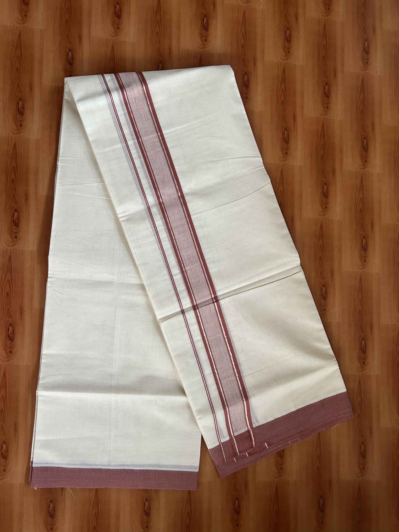 Double Off White (unbleached) Mundu/Dhoti - 20% Discount ! KaithariKada Balaramapuram - 100% Cotton - 60s- 1.5 inch Silver Kasav & Dark Reddish Peach Shaded Kara 4 mtr (8.5 muzham) - 5 KK5398 PMC