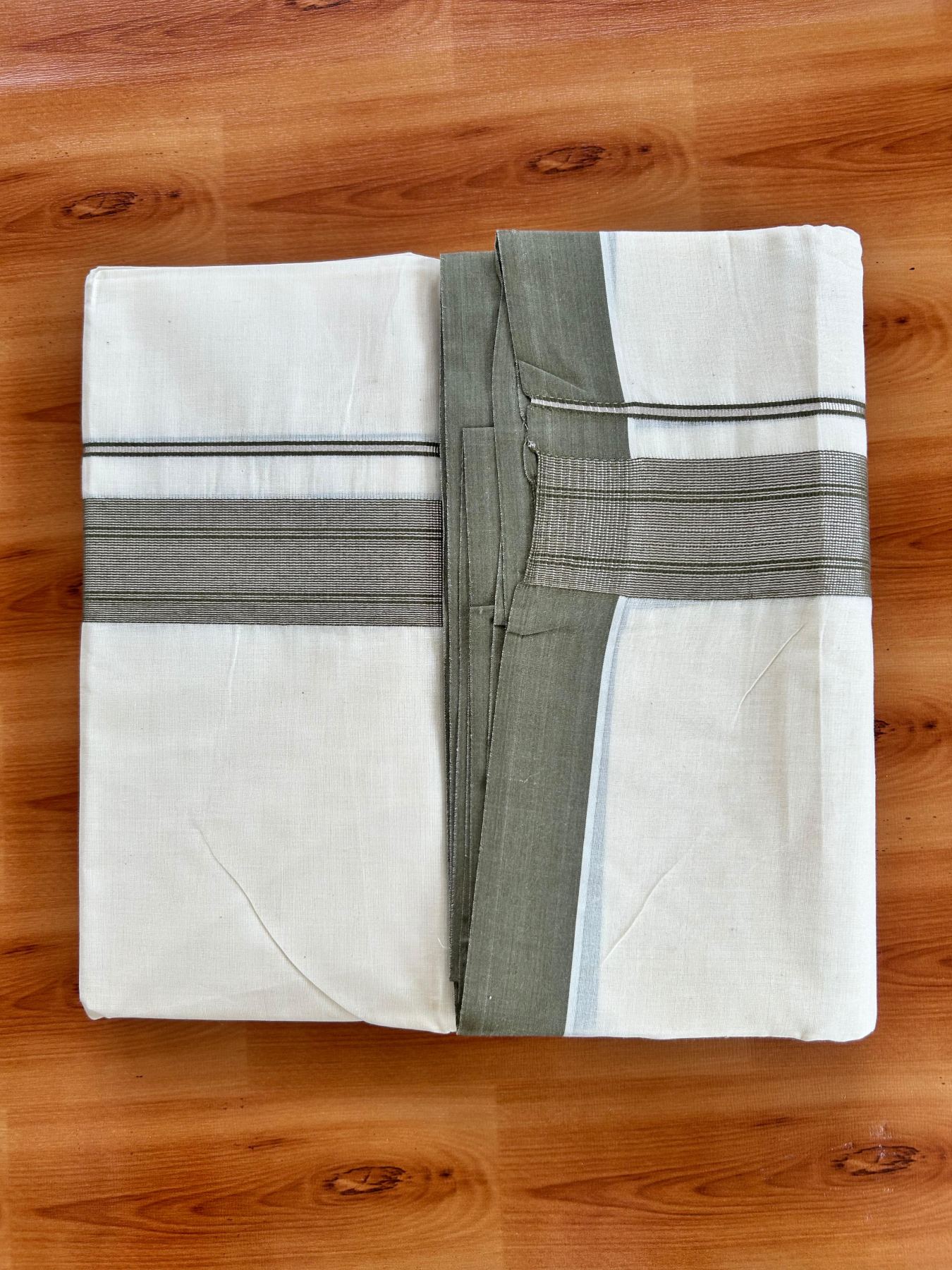 Double Off White (Unbleached) Mundu/Dhoti - 20% Discount! Kaitharikada Pure Cotton - 80x80 - 1.5 Inch Silver Kasav Olive Green Striped Kara 4 mtr (8.5 muzham) - 14 KK5489 MRH