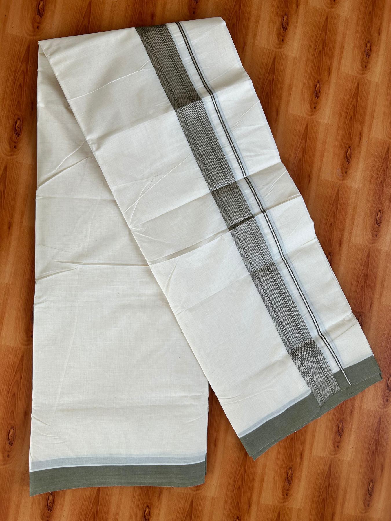 Double Off White (Unbleached) Mundu/Dhoti - 20% Discount! Kaitharikada Pure Cotton - 80x80 - 1.5 Inch Silver Kasav Olive Green Striped Kara 4 mtr (8.5 muzham) - 14 KK5489 MRH