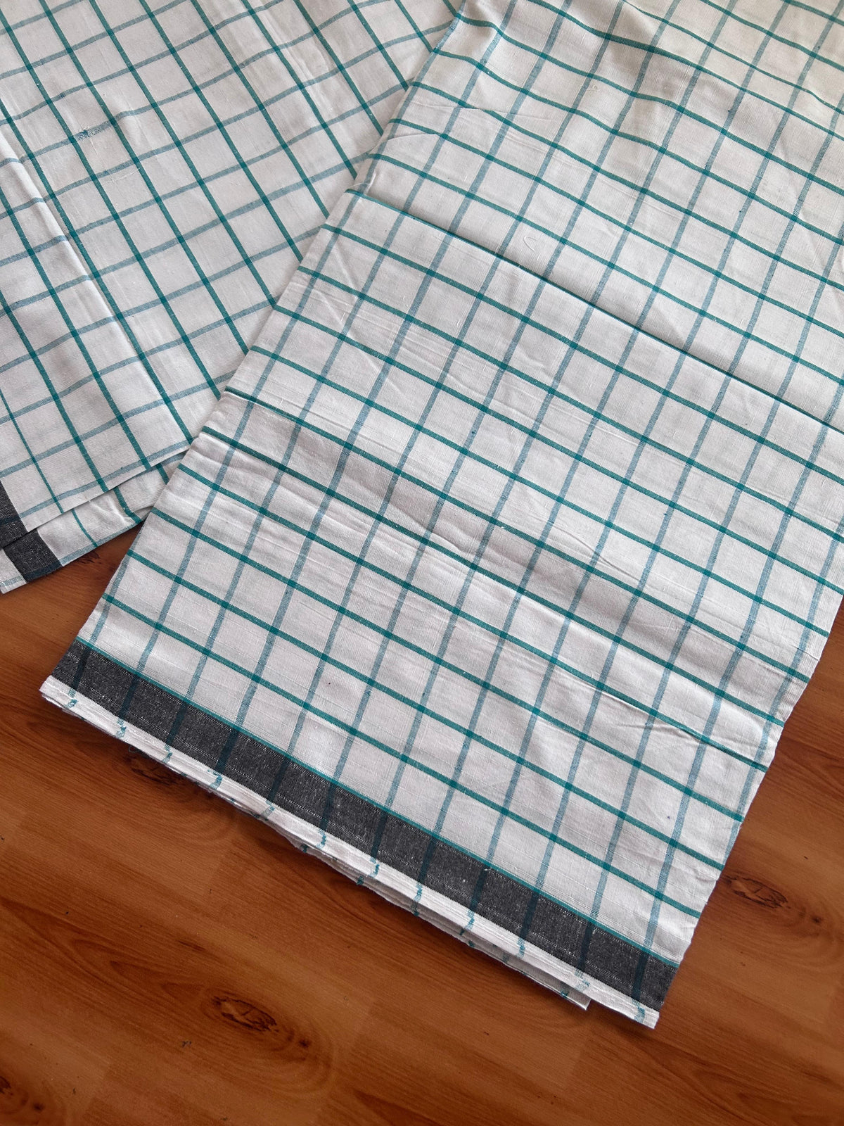 Kerala Handloom - Signature Kaitharikada - 100% Pure Cotton - 2/60sX2/40s Twisted Thread - Handloom Single Mundu/Dhoti - Green & White Check Body  - Above 2 mtr - 63 KK8080 KAL