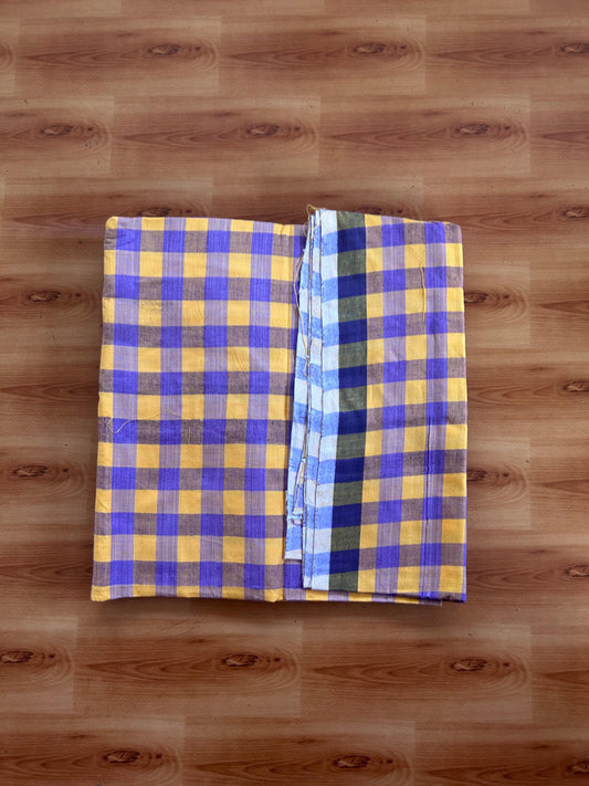 Kerala Handloom - Signature Kaitharikada - 100% Pure Cotton - 2/60sX40s Twisted Thread - Handloom Single Mundu/Dhoti - Orange Yellow & Violet Check Body  - Above 2 mtr - 56 KK8080 KAL