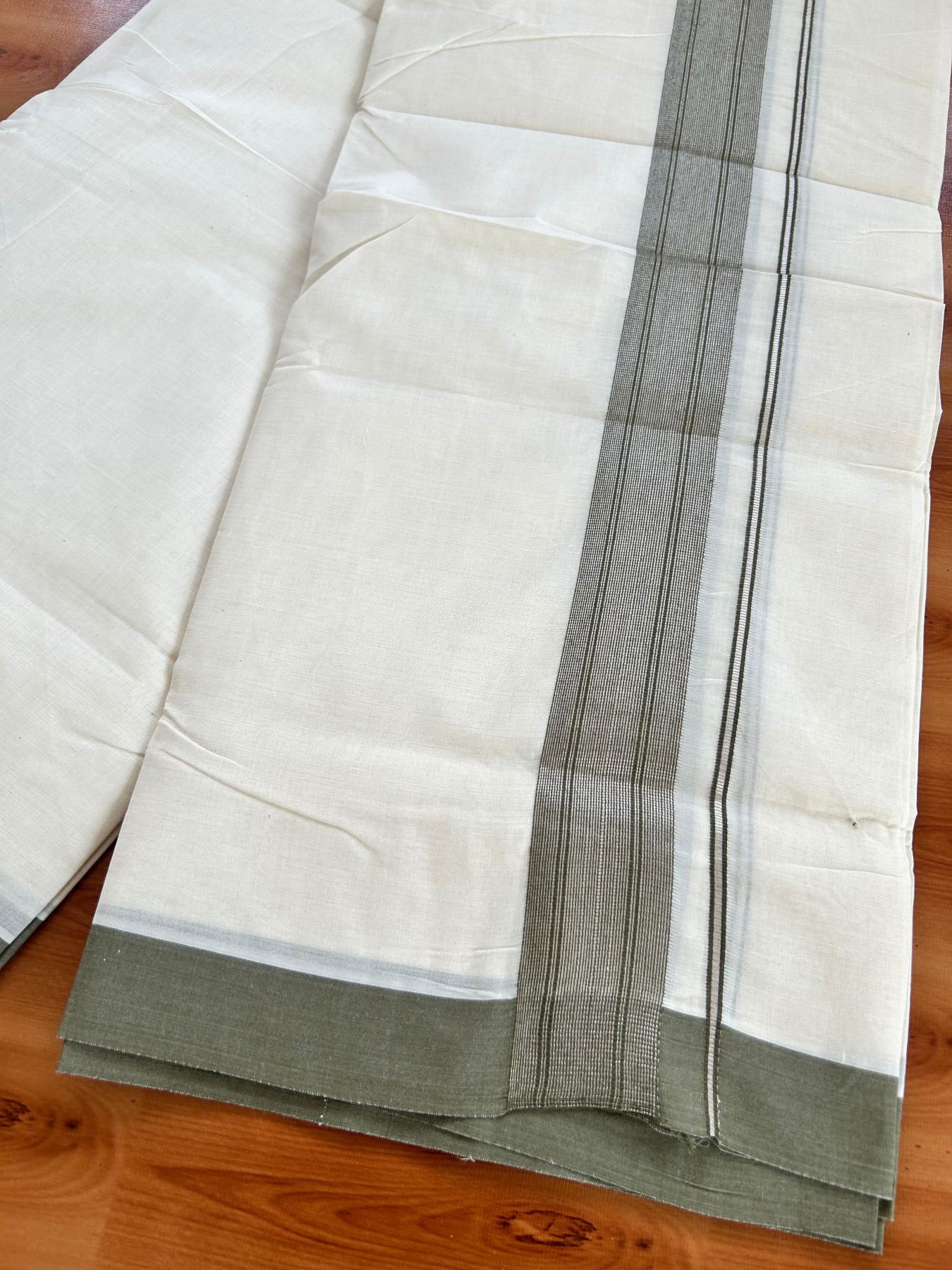 Double Off White (Unbleached) Mundu/Dhoti - 20% Discount! Kaitharikada Pure Cotton - 80x80 - 1.5 Inch Silver Kasav Olive Green Striped Kara 4 mtr (8.5 muzham) - 14 KK5489 MRH