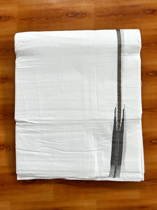 Double  Pure White 25% Discount ! KaithariKada Handloom Unakkupaav  - Kerala Handloom - 100% Pure Cotton - 2/120x80 - 1.5 cm Silver Kasav & Black Stripes Puliyilakkara Chutty 4 mtr (8.5 Muzham) - 23 KK5449 YAR