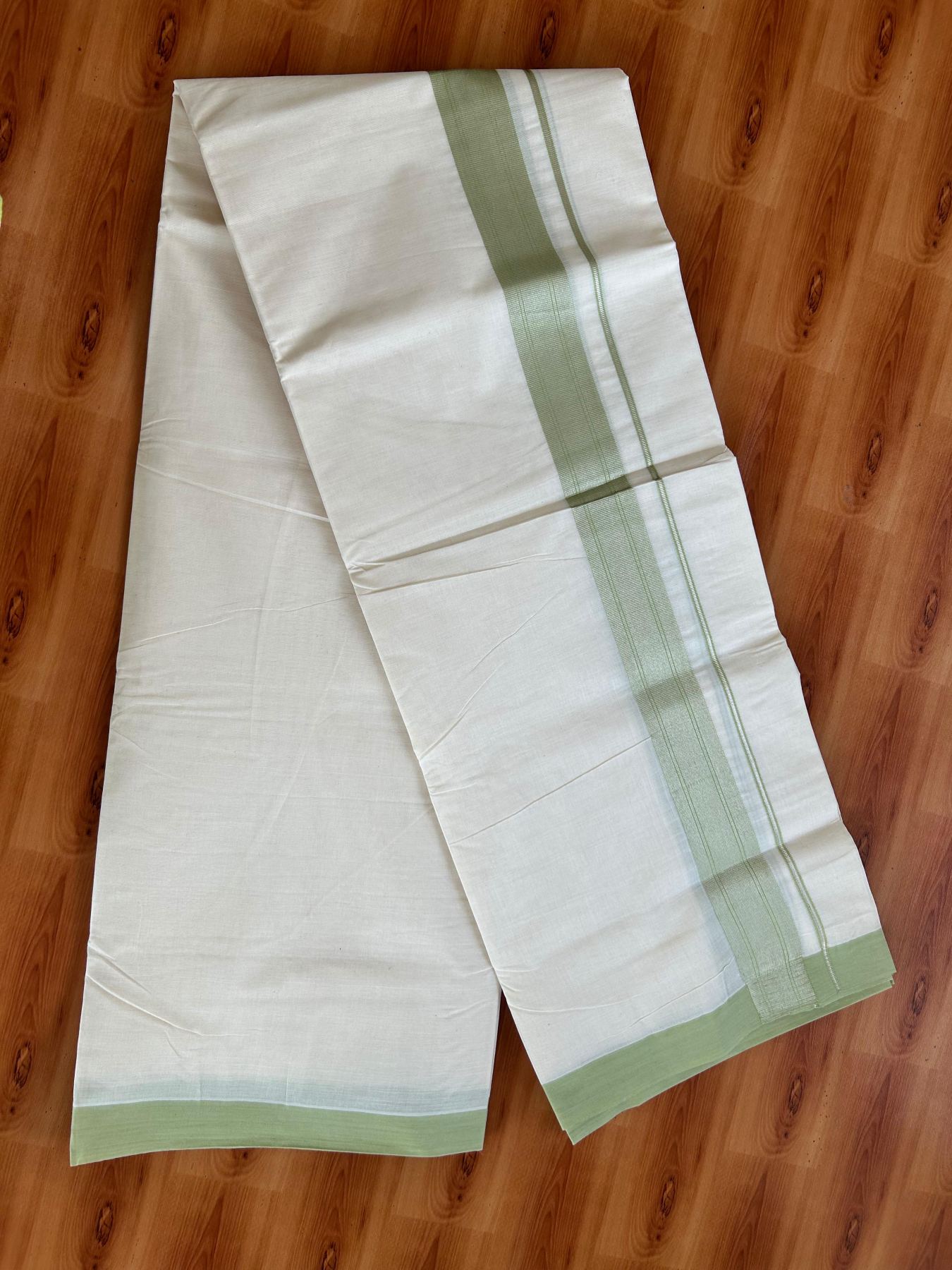 Double Off White (Unbleached) Mundu/Dhoti - 20% Discount! Kaitharikada Pure Cotton - 80x80 - 1.5 Inch Silver Kasav Pista Green Striped Kara 4 mtr (8.5 muzham) - 15 KK5489 MRH