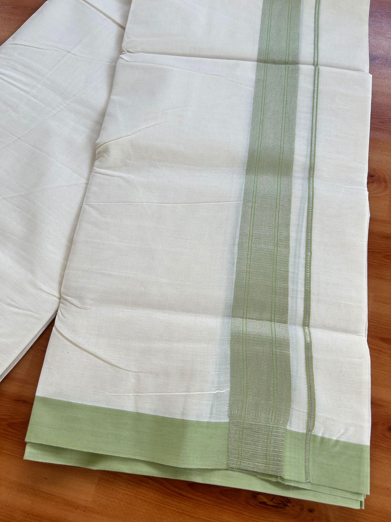 Double Off White (Unbleached) Mundu/Dhoti - 20% Discount! Kaitharikada Pure Cotton - 80x80 - 1.5 Inch Silver Kasav Pista Green Striped Kara 4 mtr (8.5 muzham) - 15 KK5489 MRH