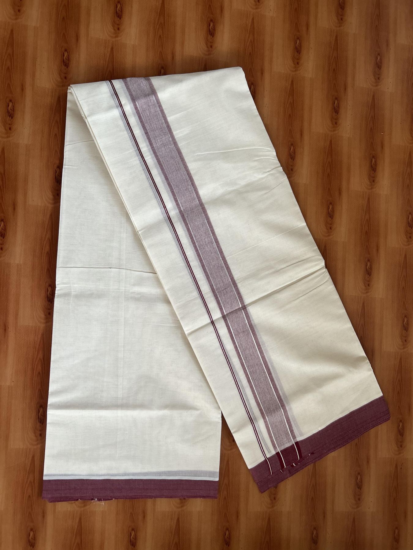 Double Off White (unbleached) Mundu/Dhoti -20% Discount ! KaithariKada Balaramapuram - 100% Cotton - 60s- 1.5 inch Silver Kasav & Maroon Shaded Kara 4 mtr (8.5 muzham) - 4 KK5398 PMC