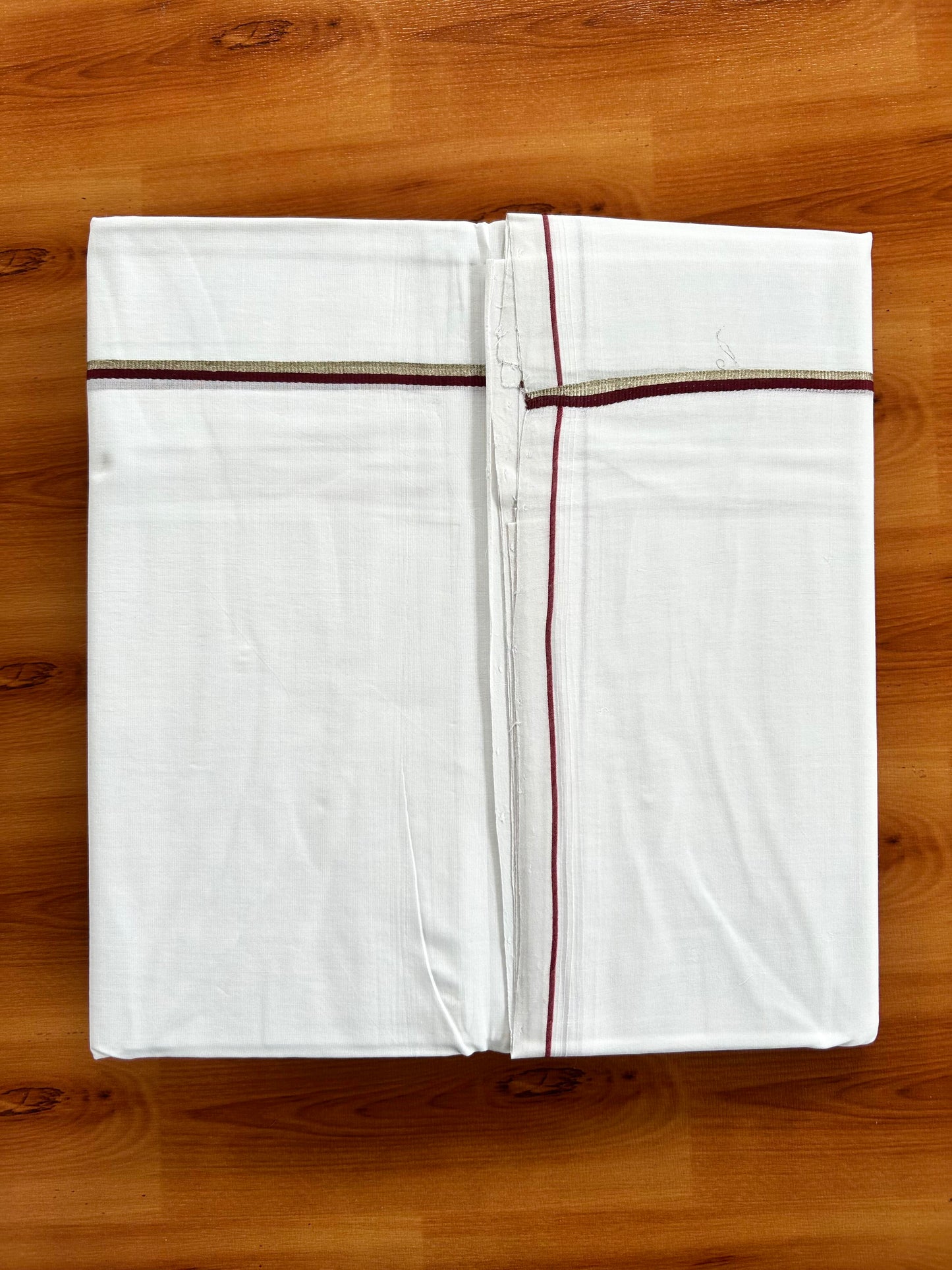 Double Pure White Mundu/Dhoti- 25% Discount ! KaithariKada Handloom Unakkupaavu - Kerala Handloom - 100% Pure Cotton - 2/120x80 - 0.3 cm Silver Kasav & Maroon Kara 4 mtr (8.5 Muzham) - 25 KK5449 YAR