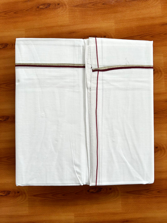 Double Pure White Mundu/Dhoti- 25% Discount ! KaithariKada Handloom Unakkupaavu - Kerala Handloom - 100% Pure Cotton - 2/120x80 - 0.3 cm Silver Kasav & Maroon Kara 4 mtr (8.5 Muzham) - 25 KK5449 YAR