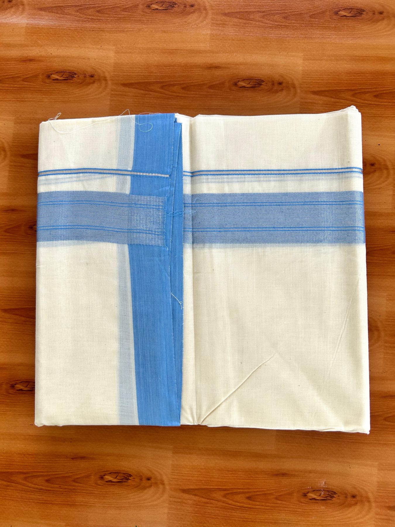 Double Off White (Unbleached) Mundu/Dhoti - 20% Discount! Kaitharikada Pure Cotton - 80x80 - 1.5 Inch Silver Kasav Light Blue Striped Kara 4 mtr (8.5 muzham) - 16 KK5489 MRH