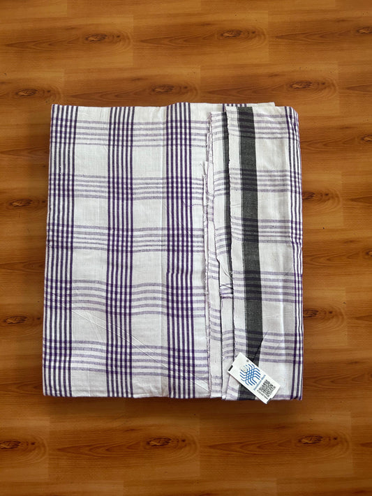 Kerala Handloom - Signature Kaitharikada - 100% Pure Cotton - 2/60sX2/40s Twisted Thread - Handloom Single Mundu/Dhoti - Violet  & White Check Body  - 2.45 mtr - 66 KK8080 KAL