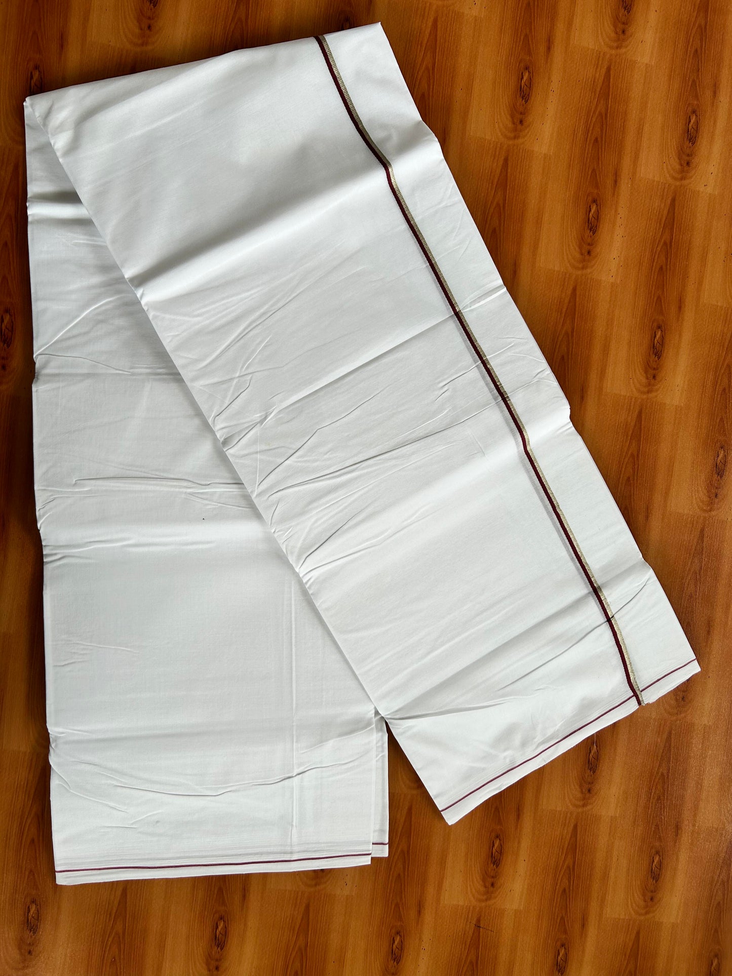 Double Pure White Mundu/Dhoti- 25% Discount ! KaithariKada Handloom Unakkupaavu - Kerala Handloom - 100% Pure Cotton - 2/120x80 - 0.3 cm Silver Kasav & Maroon Kara 4 mtr (8.5 Muzham) - 25 KK5449 YAR