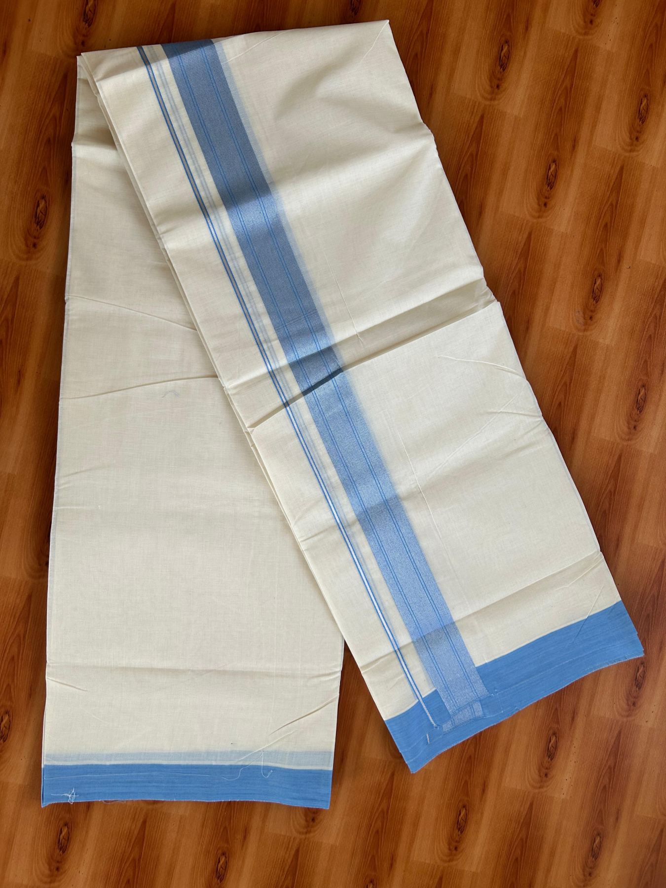 Double Off White (Unbleached) Mundu/Dhoti - 20% Discount! Kaitharikada Pure Cotton - 80x80 - 1.5 Inch Silver Kasav Light Blue Striped Kara 4 mtr (8.5 muzham) - 16 KK5489 MRH