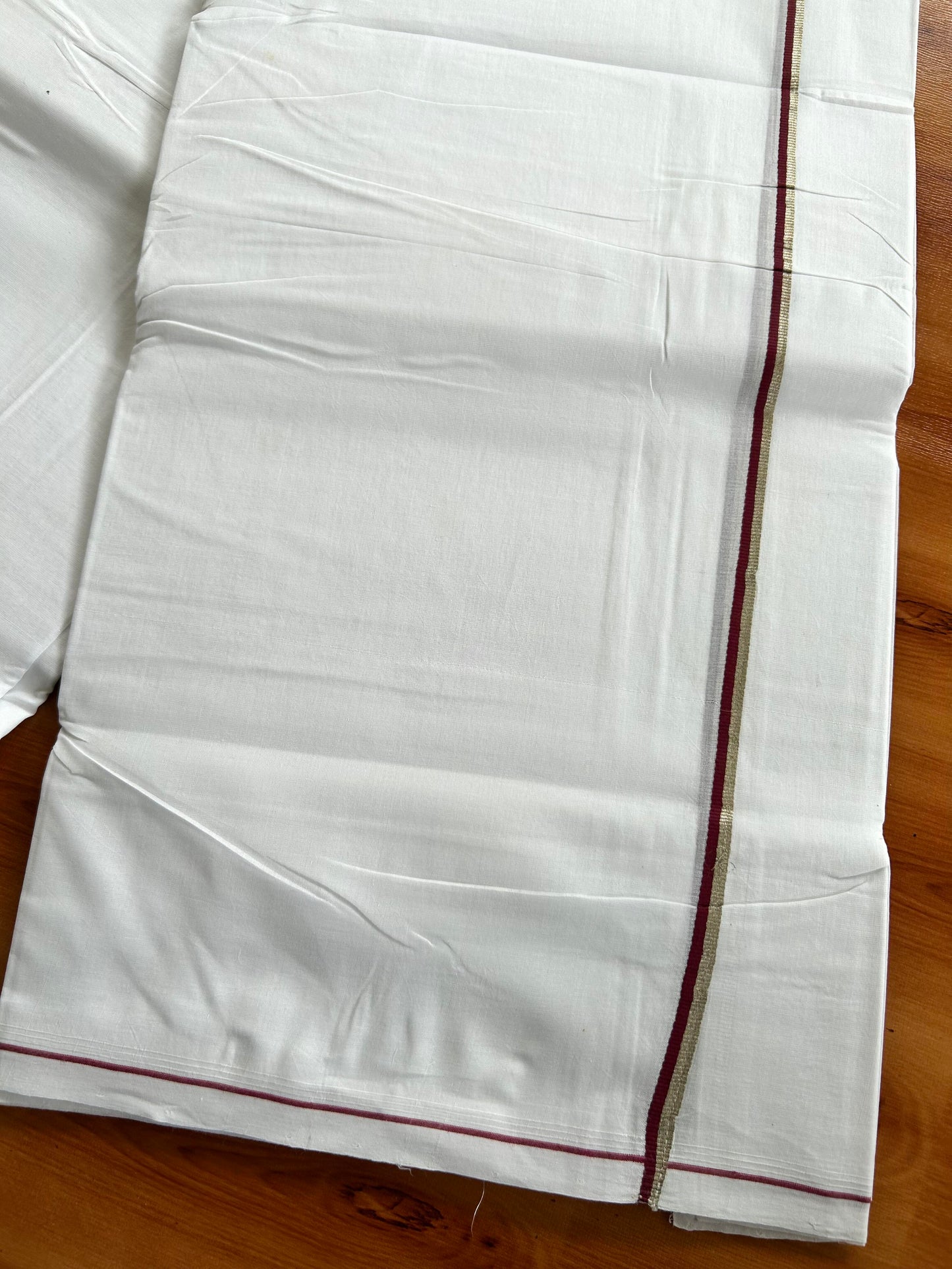 Double Pure White Mundu/Dhoti- 25% Discount ! KaithariKada Handloom Unakkupaavu - Kerala Handloom - 100% Pure Cotton - 2/120x80 - 0.3 cm Silver Kasav & Maroon Kara 4 mtr (8.5 Muzham) - 25 KK5449 YAR