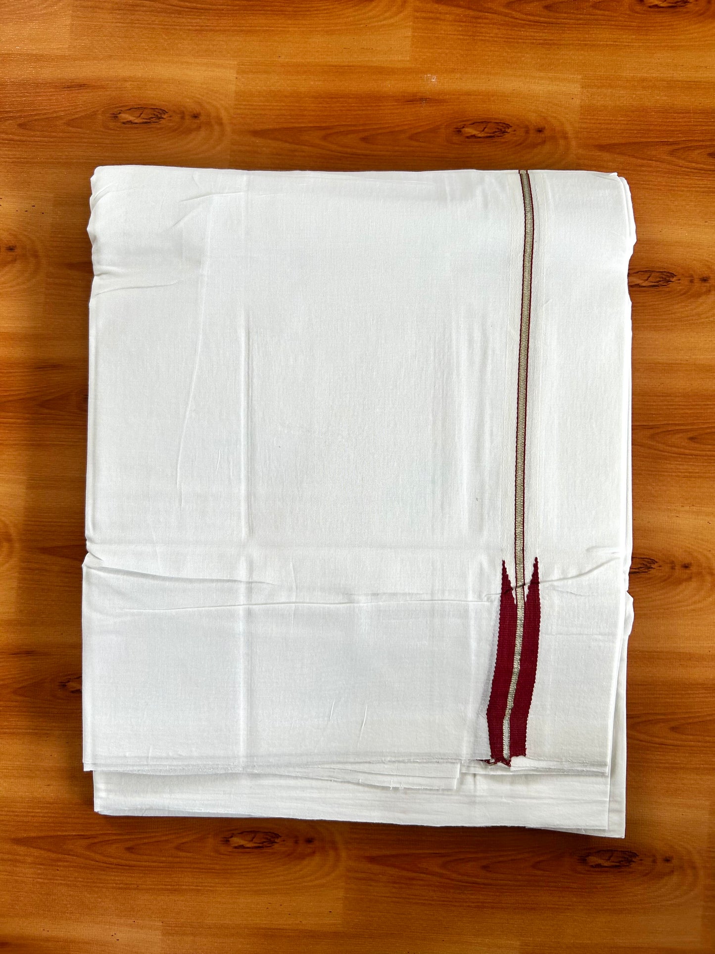 Double  Pure White 25% Discount ! KaithariKada Handloom Unakkupaav  - Kerala Handloom - 100% Pure Cotton - 2/120x80 - 0.3 cm Silver Kasav & Maroon Puliyilakkara Chutty 4 mtr (8.5 Muzham) - 24 KK5449 YAR