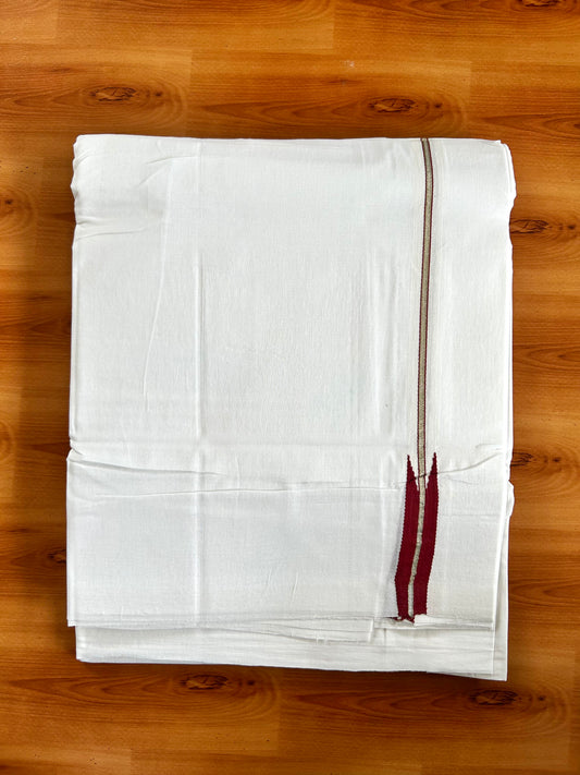 Double  Pure White 25% Discount ! KaithariKada Handloom Unakkupaav  - Kerala Handloom - 100% Pure Cotton - 2/120x80 - 0.3 cm Silver Kasav & Maroon Puliyilakkara Chutty 4 mtr (8.5 Muzham) - 24 KK5449 YAR